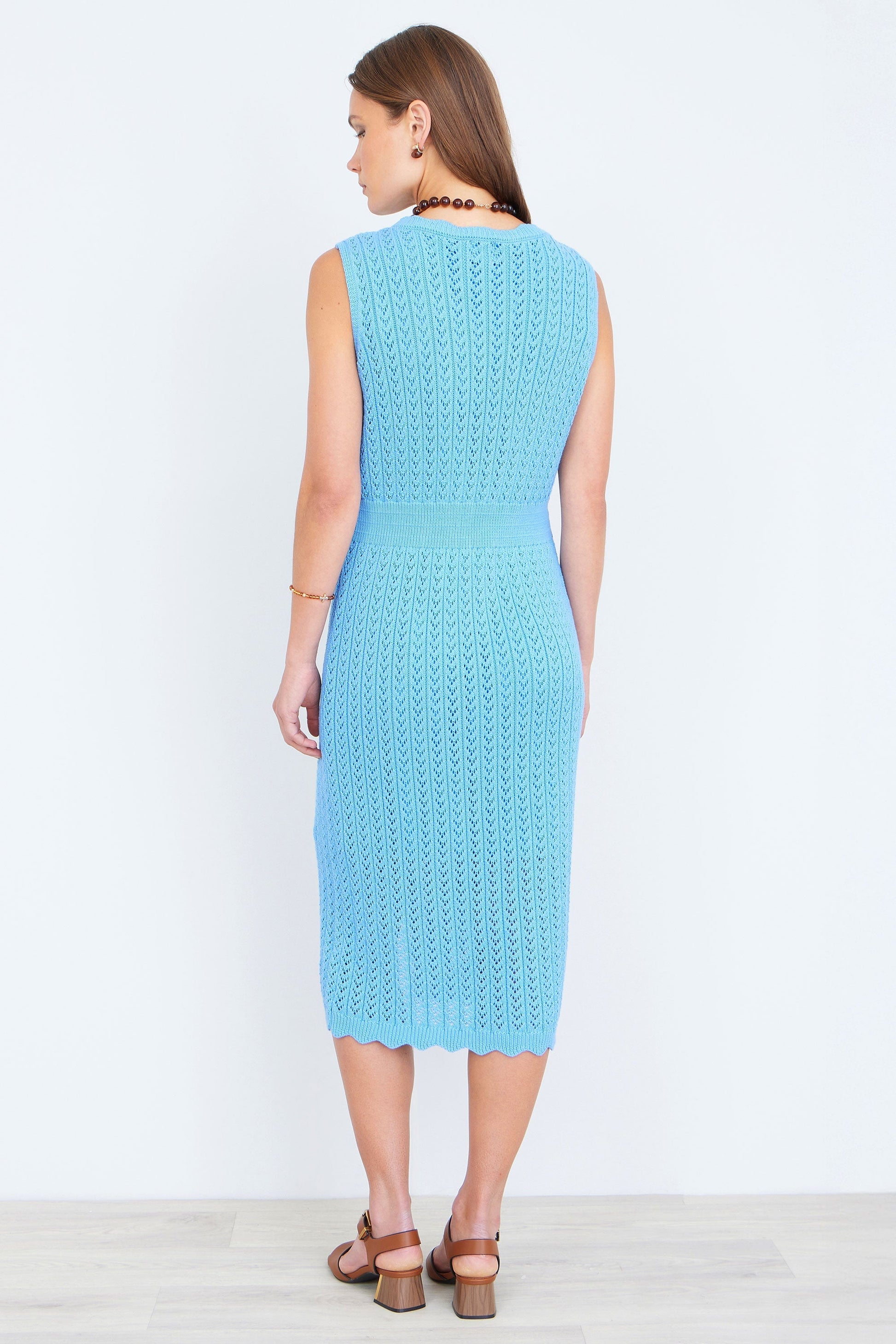 Blue Scallop Edge Crochet Knitted Midi Dress - Bascora