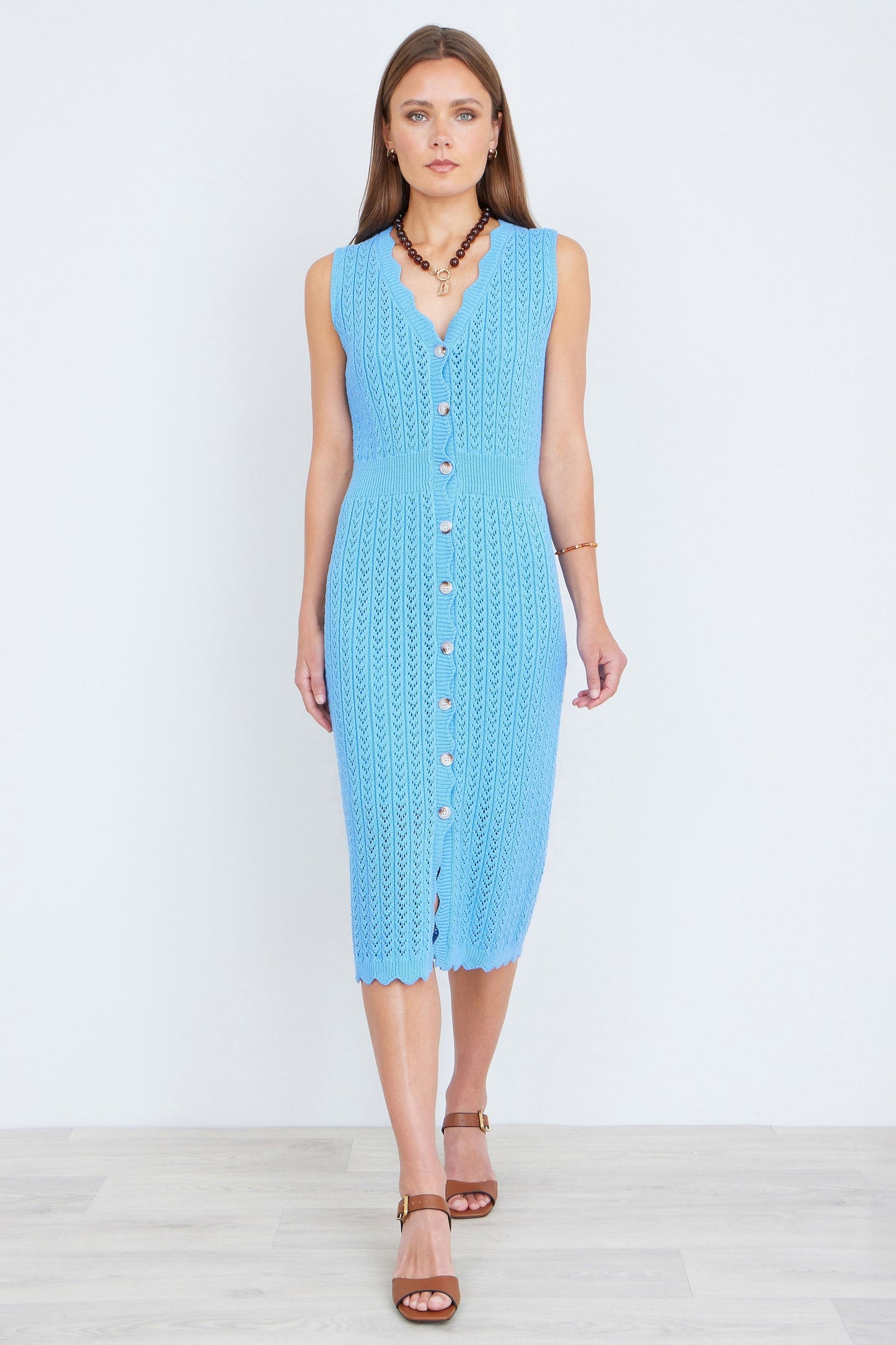 Blue Scallop Edge Crochet Knitted Midi Dress - Bascora