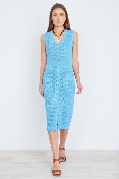 Blue Scallop Edge Crochet Knitted Midi Dress - Bascora