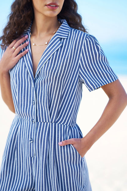 Blue Stripe Retro Playsuit - Bascora