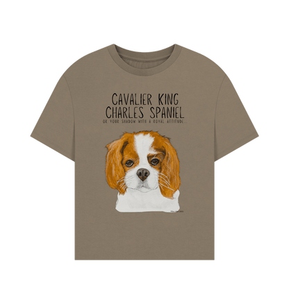 Brown t-shirt with Cavalier King Charles Spaniel illustration and text on a white background