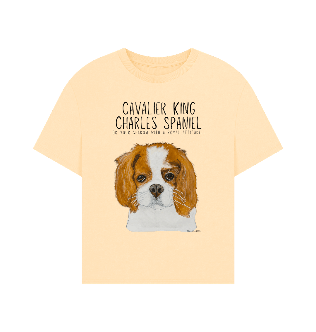 Yellow t-shirt with Cavalier King Charles Spaniel illustration and text on a white background