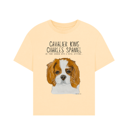 Yellow t-shirt with Cavalier King Charles Spaniel illustration and text on a white background