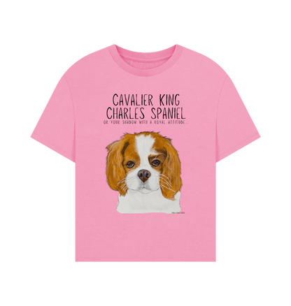 Pink t-shirt with Cavalier King Charles Spaniel illustration and text on a white background