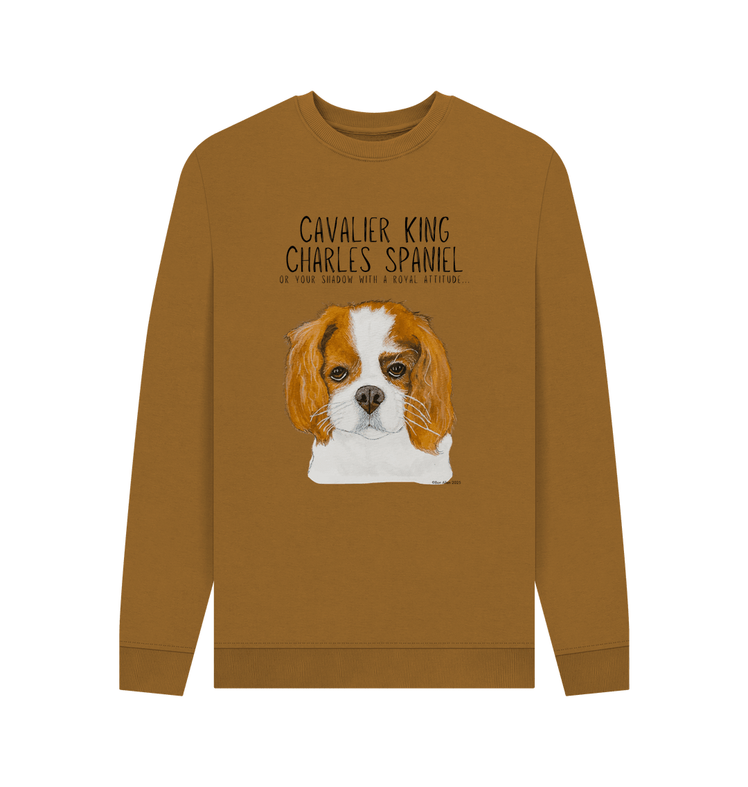 Brown sweatshirt with a Cavalier King Charles Spaniel illustration and text on a white background