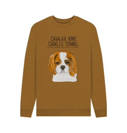 Brown sweatshirt with a Cavalier King Charles Spaniel illustration and text on a white background