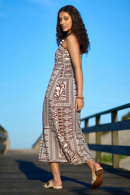 Brown Tile Print Maxi Dress With Bead Details - Bascora