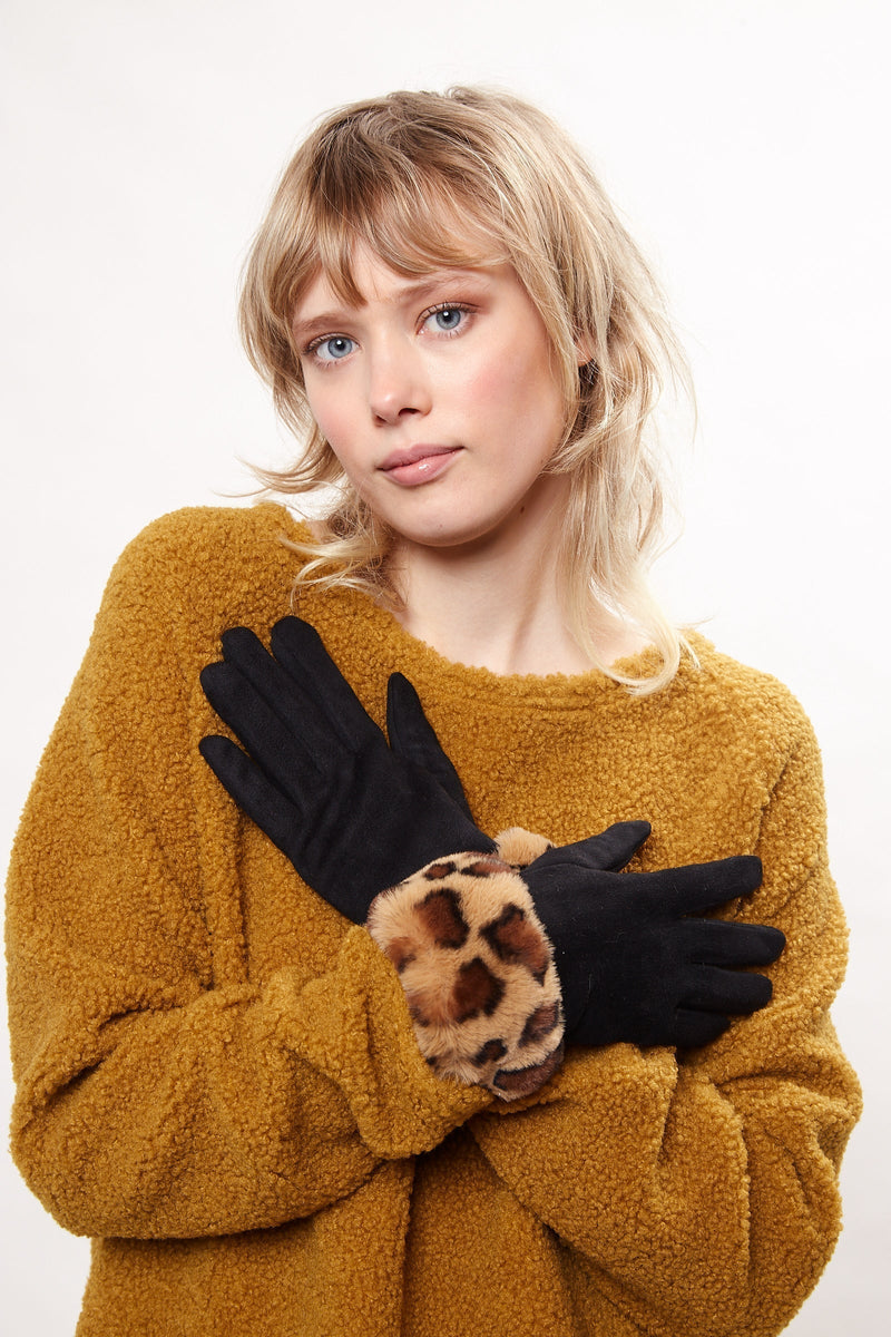 Cadhla Faux Suede And Fur Cuffed Touch Screen Gloves – Black - Bascora