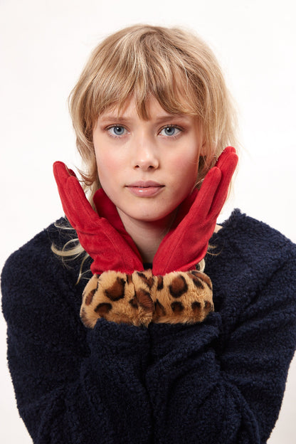 Cadhla Faux Suede Fur Cuffed Touch Screen Gloves Red