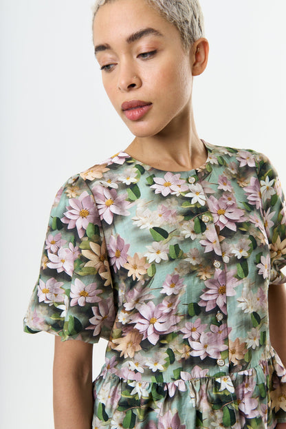 Camile 3D Daisy Print Peplum Blouse – Green - Bascora