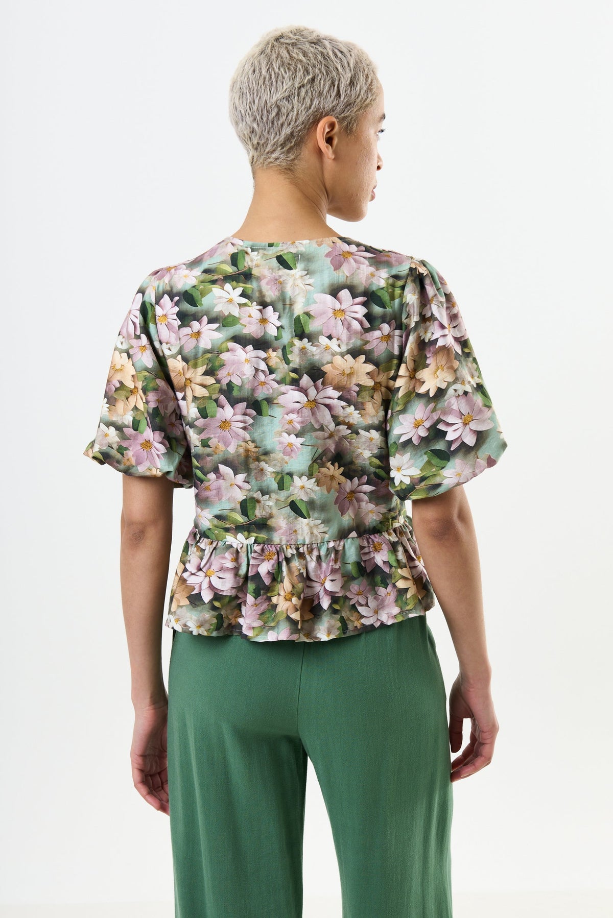 Camile 3D Daisy Print Peplum Blouse – Green - Bascora