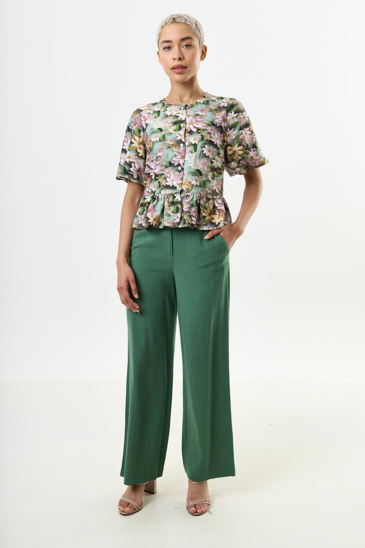 Camile 3D Daisy Print Peplum Blouse Green