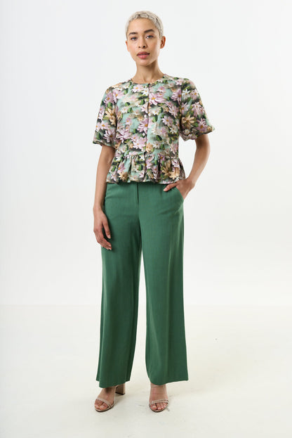 Camile 3D Daisy Print Peplum Blouse Green