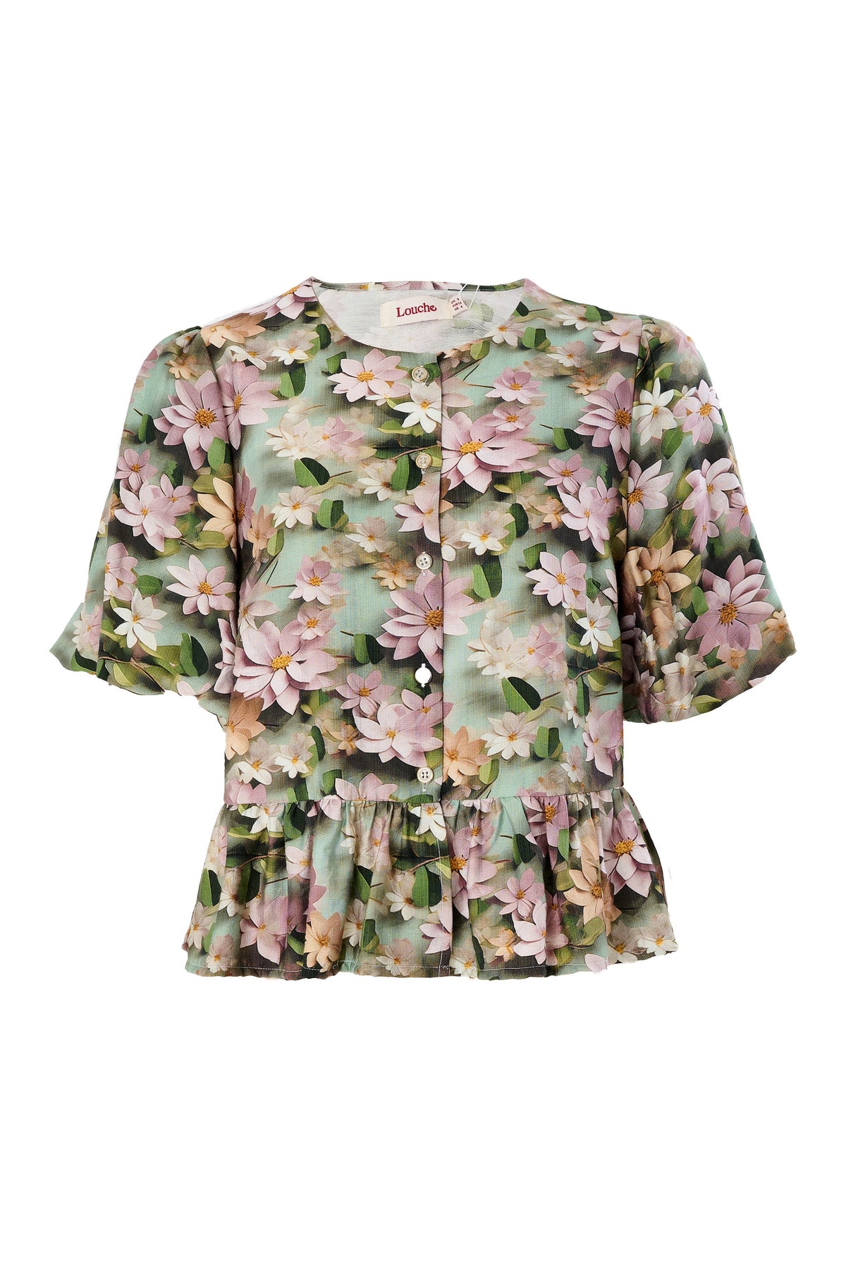 Camile 3D Daisy Print Peplum Blouse Green