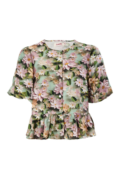 Camile 3D Daisy Print Peplum Blouse Green
