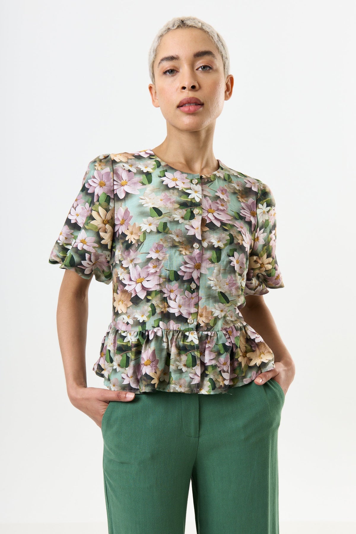 Camile 3D Daisy Print Peplum Blouse – Green - Bascora