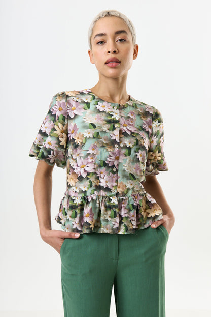 Camile 3D Daisy Print Peplum Blouse – Green - Bascora