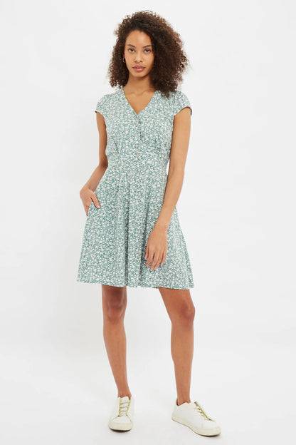 Cathleen Micro Blossom Print Mini Tea Dress Green
