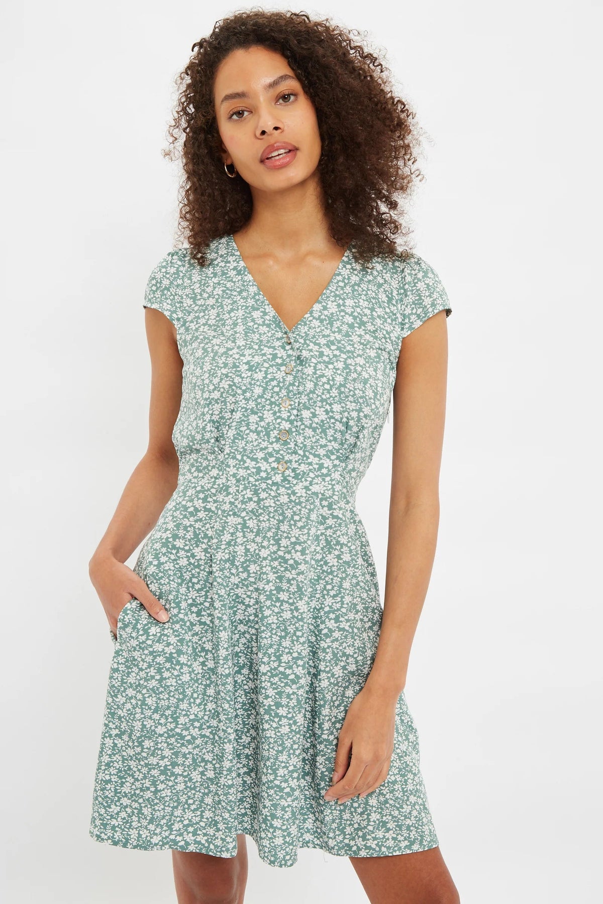 Cathleen Micro Blossom Print Mini Tea Dress – Green - Bascora