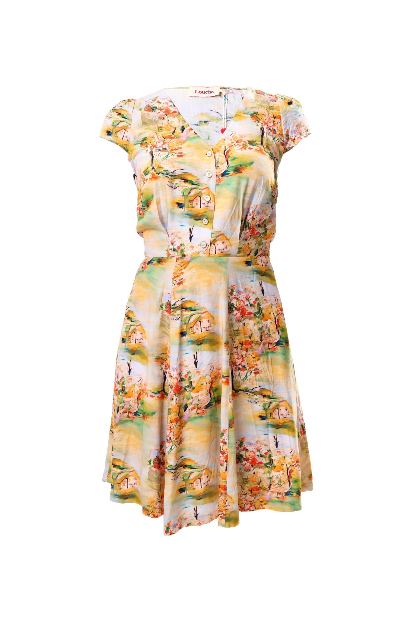 Cathleen Mini Oriental Landscape Print Tea Dress - Yellow - Bascora