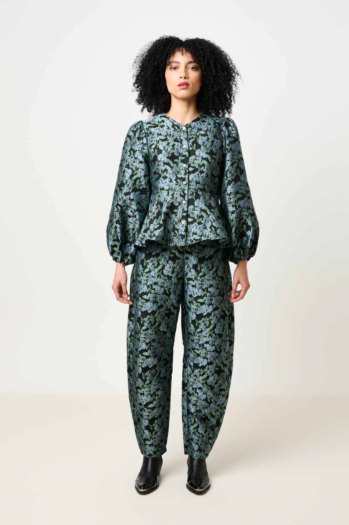 Clementine Blossom Jacquard Peplum Blouse - Black - Bascora