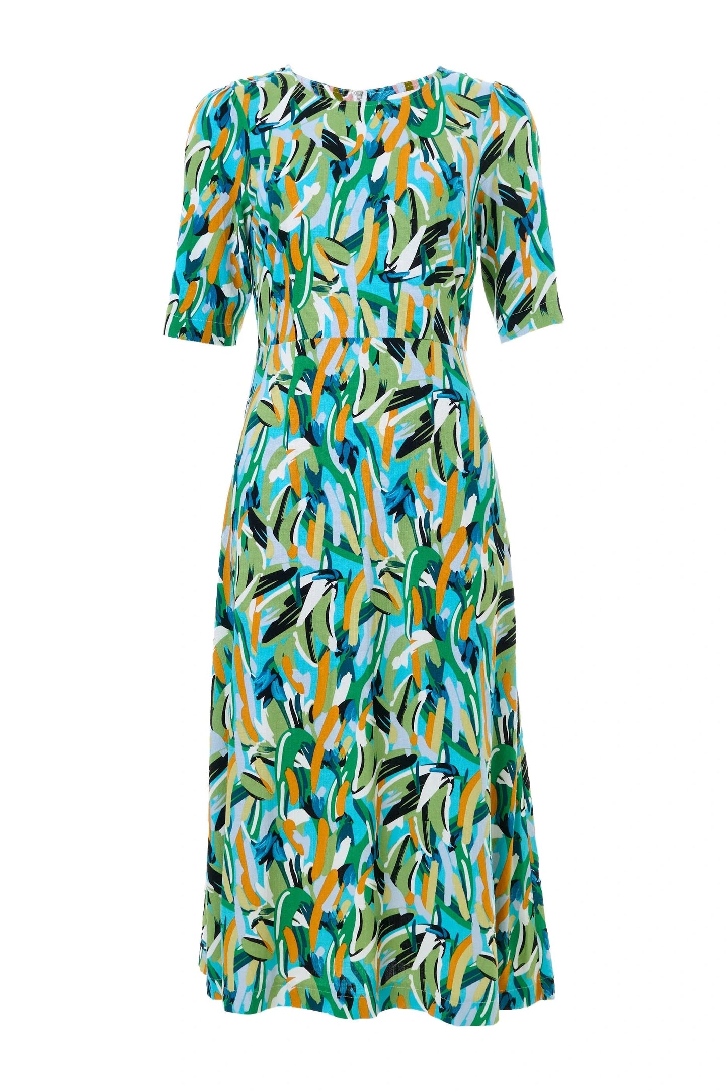 Corrine Brushstroke Print Short Sleeve Midi Dress - Green - Bascora