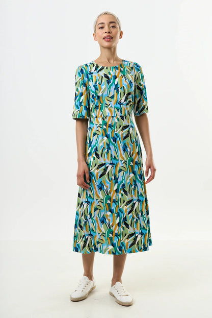 Corrine Brushstroke Print Short Sleeve Midi Dress - Green - Bascora