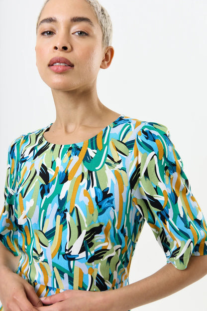 Corrine Brushstroke Print Short Sleeve Midi Dress - Green - Bascora