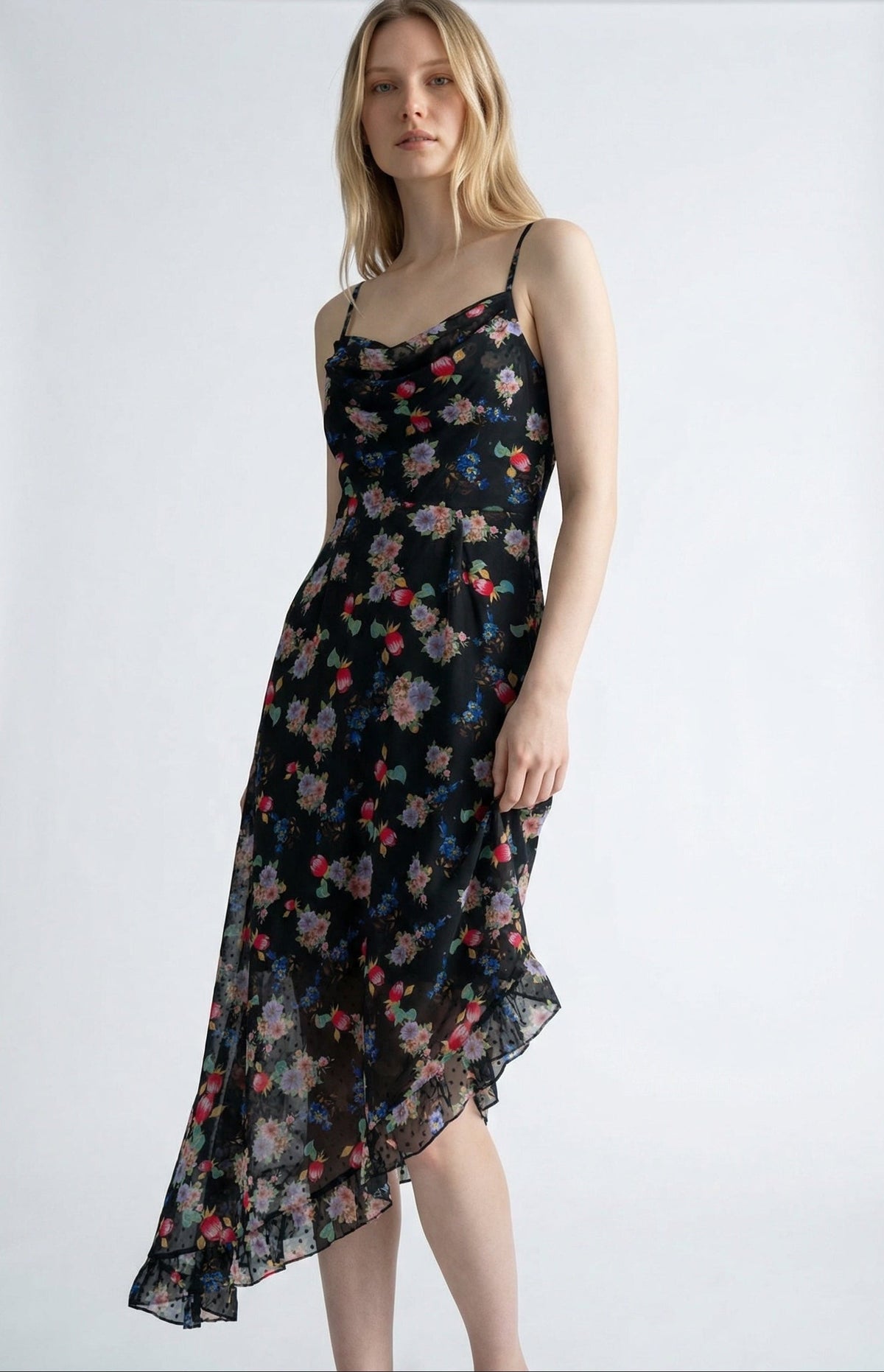 Dina Carpathian Florals Print Asymmetric Strappy Midi Dress - Bascora