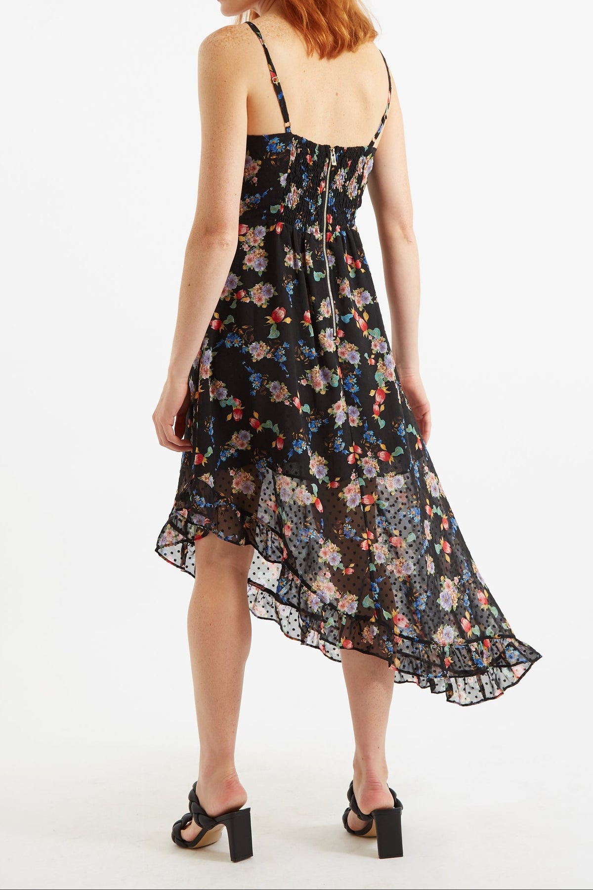 Dina Carpathian Florals Print Asymmetric Strappy Midi Dress