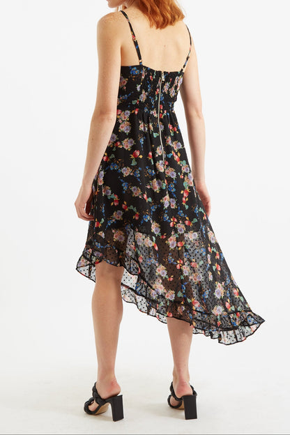 Dina Carpathian Florals Print Asymmetric Strappy Midi Dress