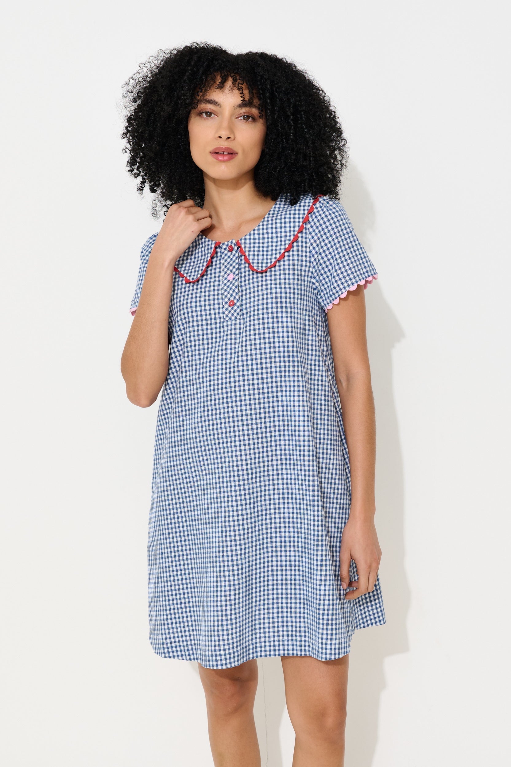 Dot Gingham Ric Rac Trim Statement Collar Mini Dress - Blue - Bascora