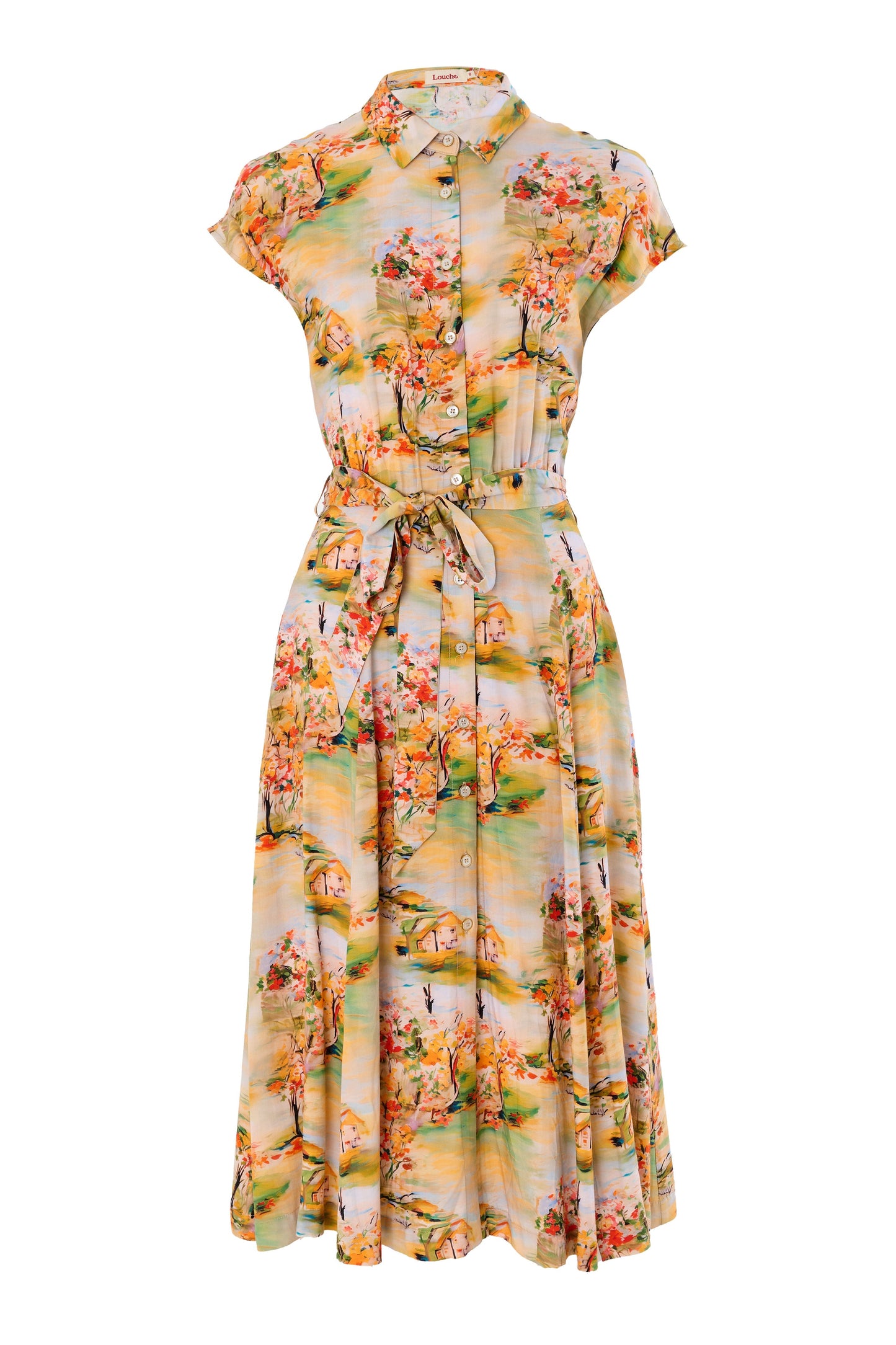 Fleur Oriental Landscape Print Midi Shirtdress - Yellow - Bascora