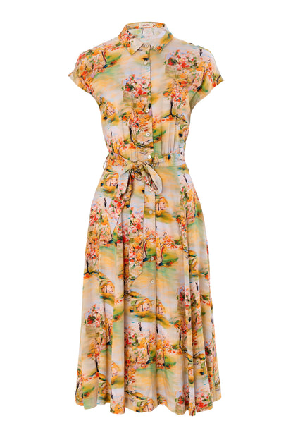 Fleur Oriental Landscape Print Midi Shirtdress - Yellow - Bascora