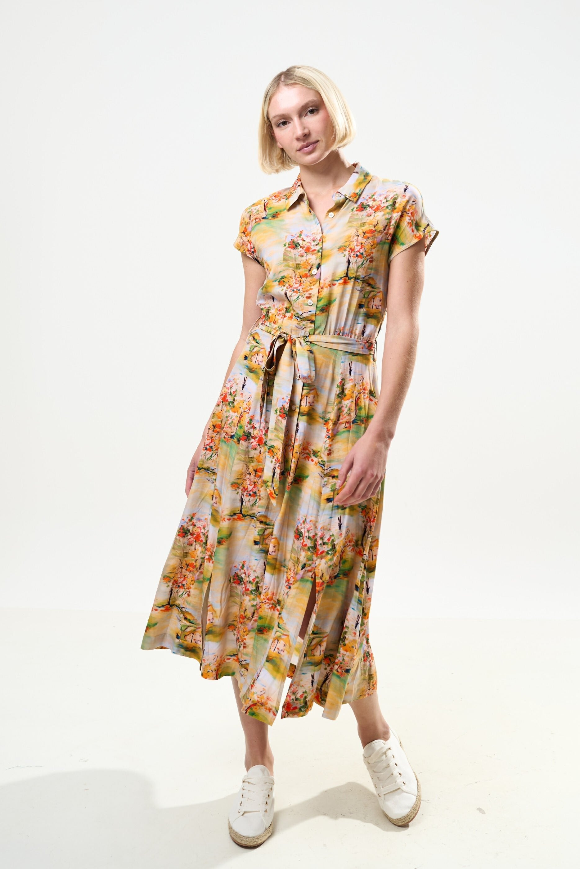 Fleur Oriental Landscape Print Midi Shirtdress - Yellow - Bascora