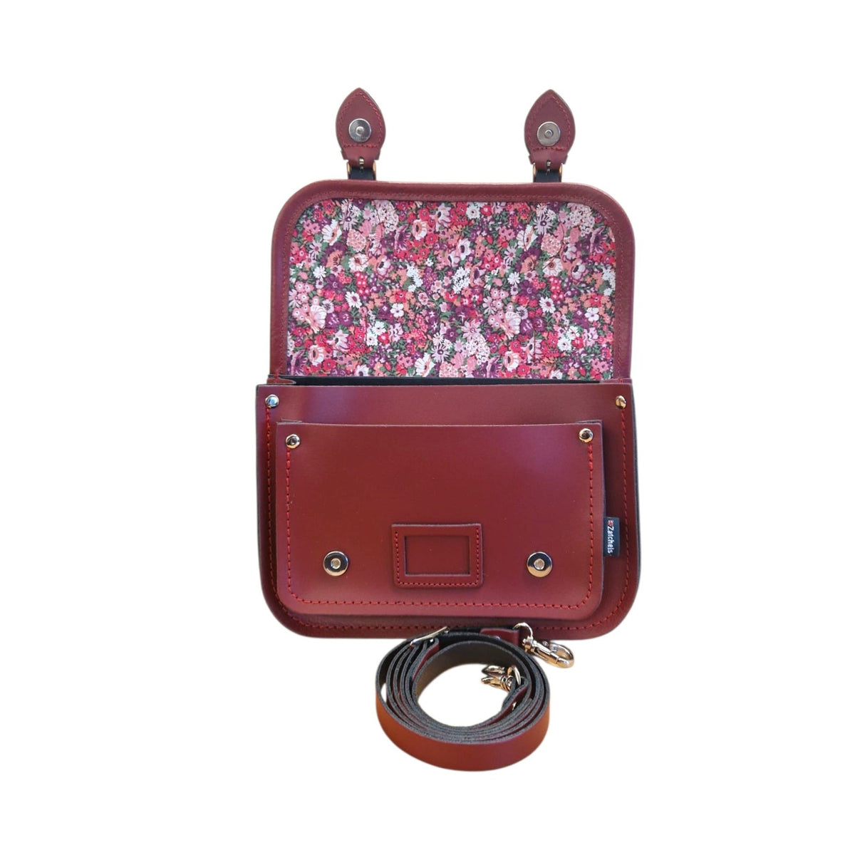 Floral Lined Leather Midi Satchel - Oxblood - Bascora