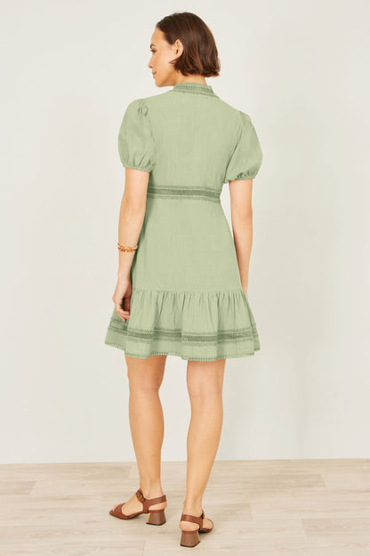 Green Cotton Lace Trim Skater Shirt Dress - Bascora