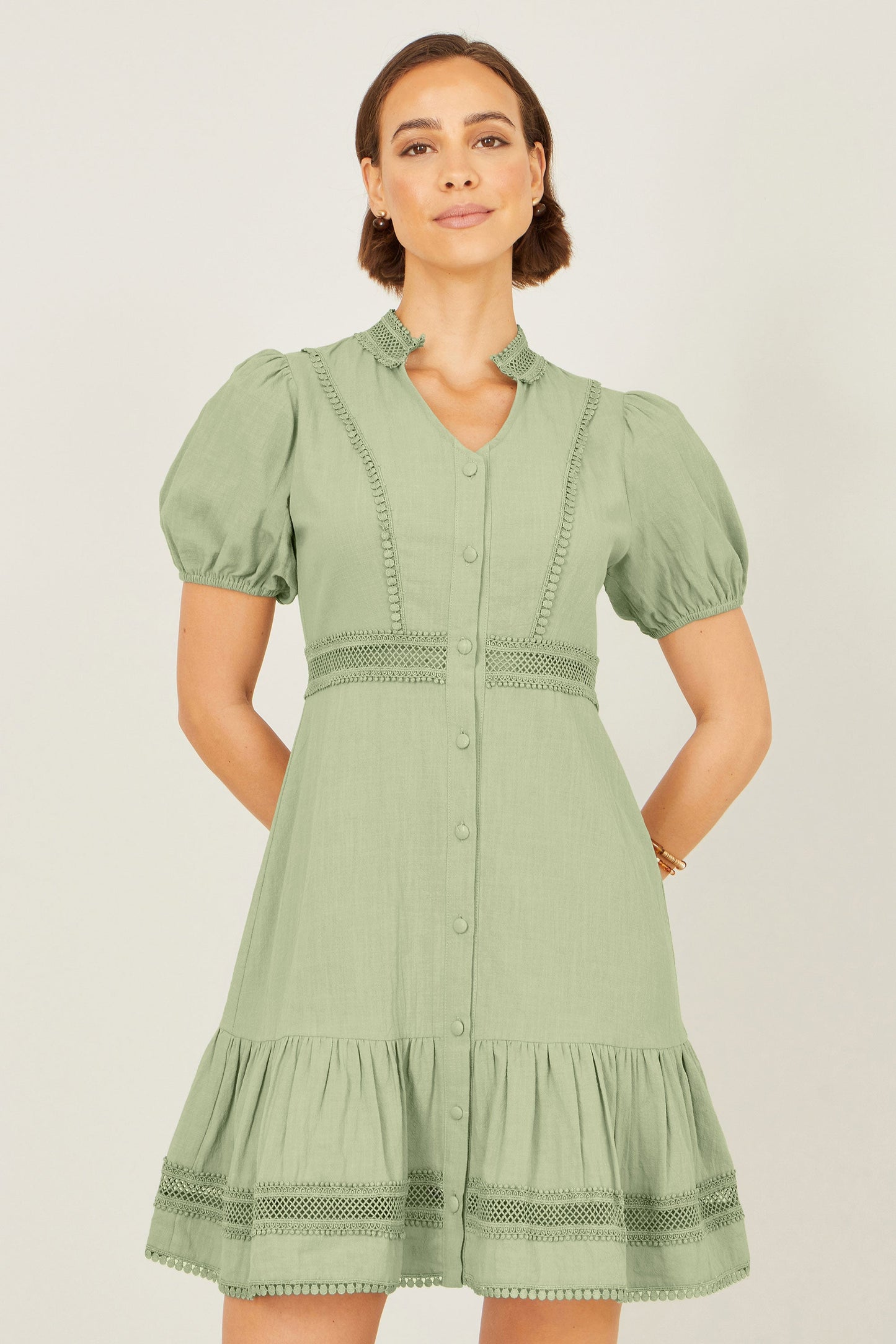 Green Cotton Lace Trim Skater Shirt Dress - Bascora