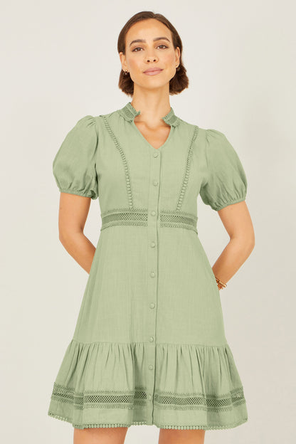 Green Cotton Lace Trim Skater Shirt Dress - Bascora