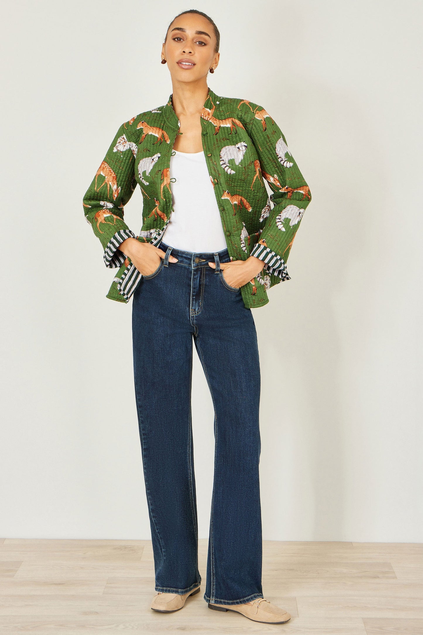 Green Fox Print Reversible Cotton Quilted Jacket - Bascora