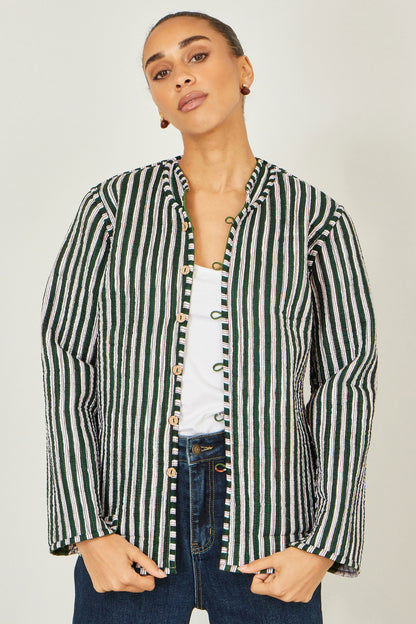 Green Fox Print Reversible Cotton Quilted Jacket - Bascora