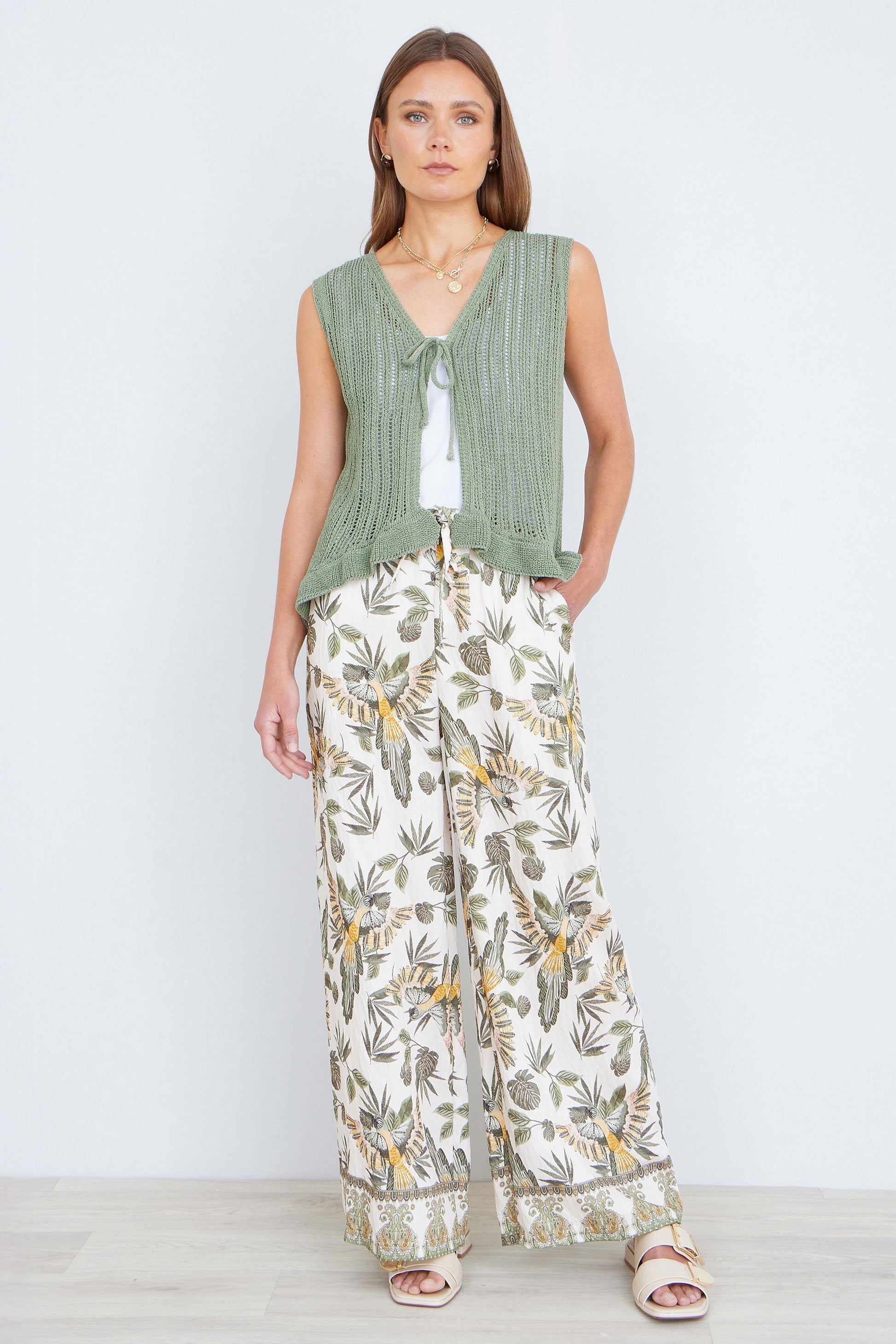 Green Knitted Cotton Tie Waistcoat Top - Bascora
