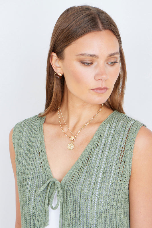 Green Knitted Cotton Tie Waistcoat Top - Bascora