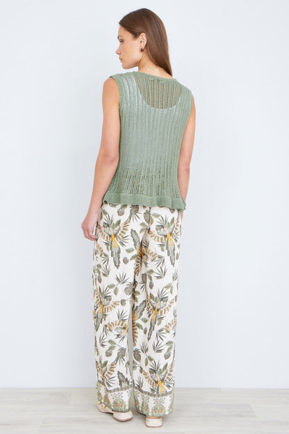 Green Knitted Cotton Tie Waistcoat Top - Bascora