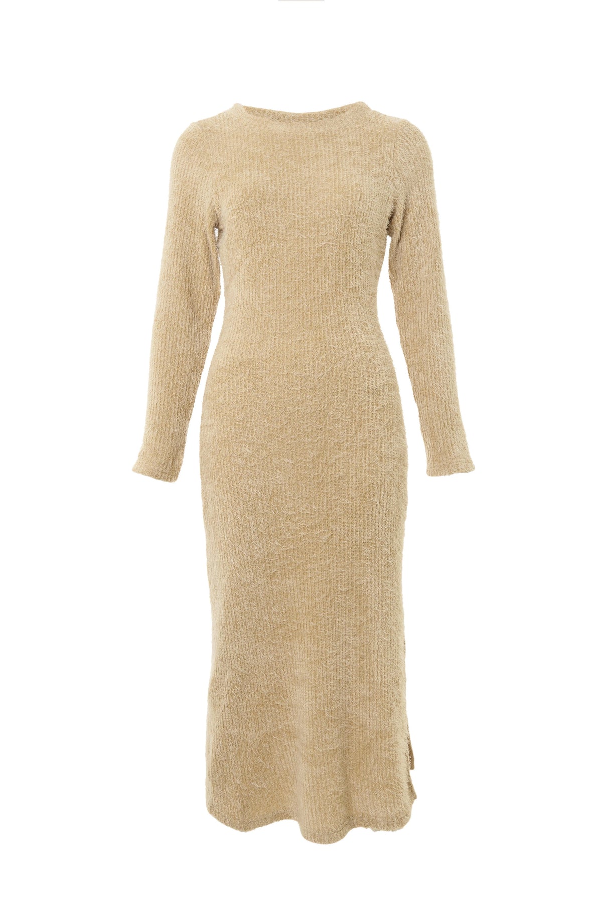 Guila Eyelash Rib Long Sleeve Midi Dress – Beige - Bascora