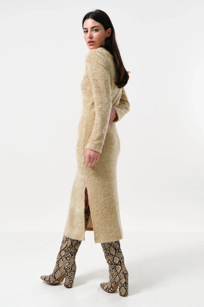 Guila Eyelash Rib Long Sleeve Midi Dress – Beige - Bascora