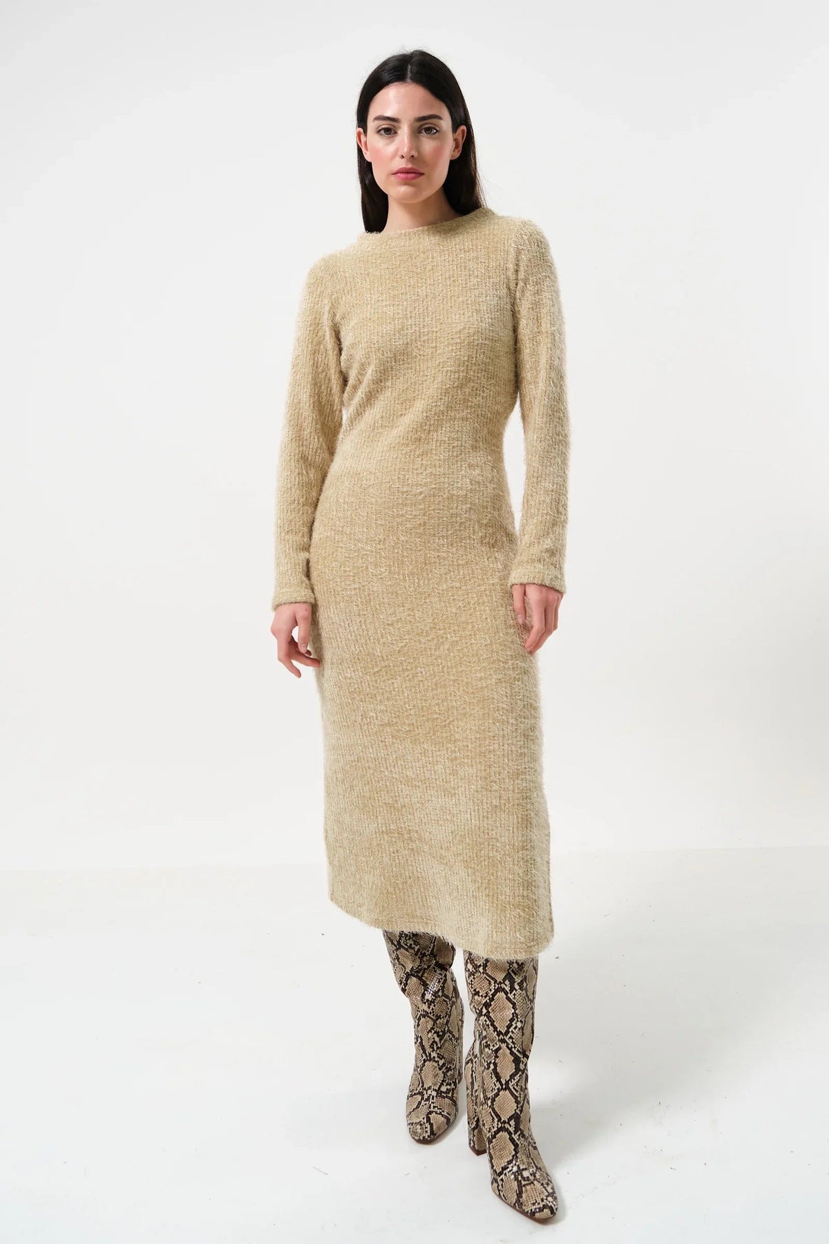 Guila Eyelash Rib Long Sleeve Midi Dress – Beige - Bascora