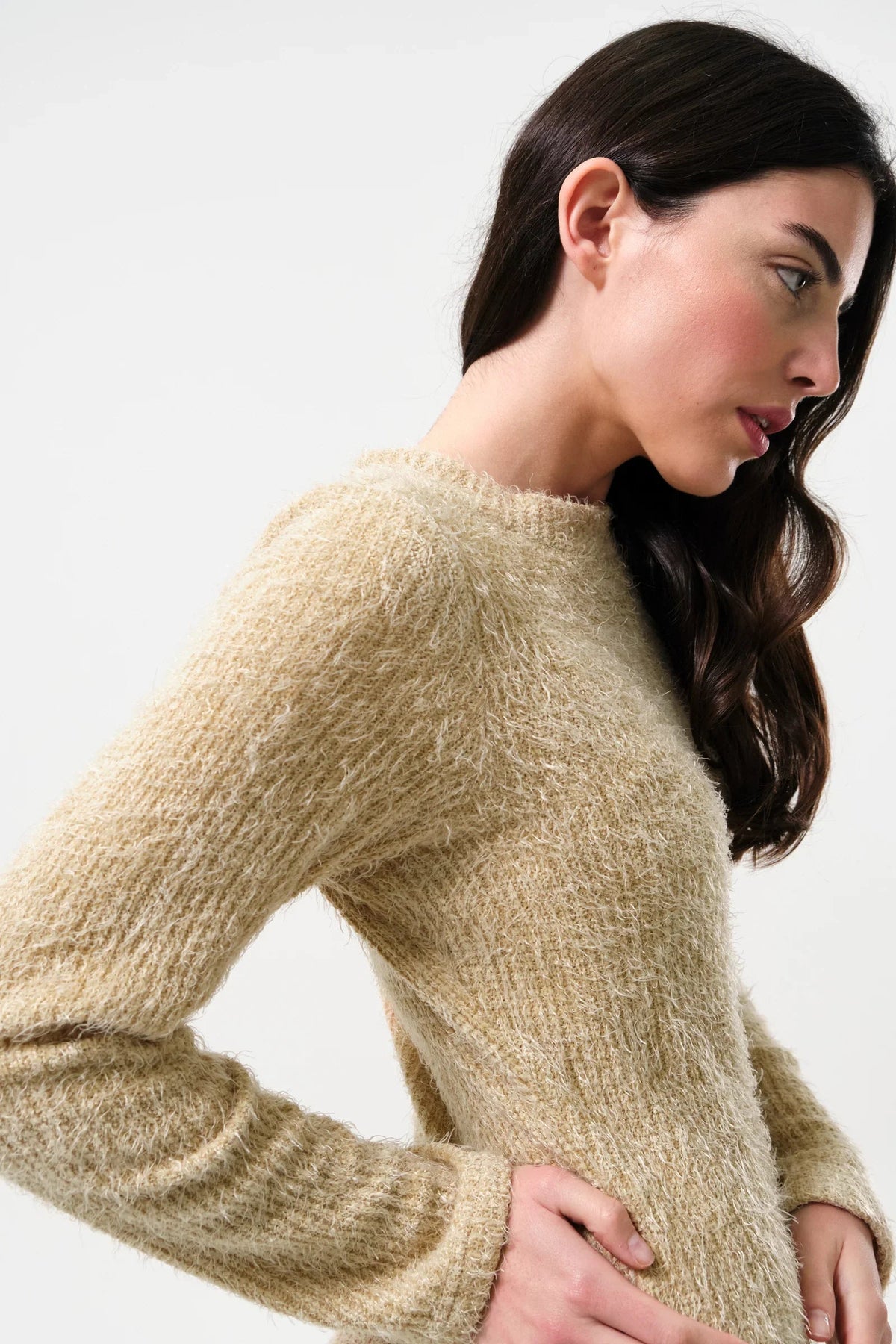 Guila Eyelash Rib Long Sleeve Midi Dress – Beige - Bascora