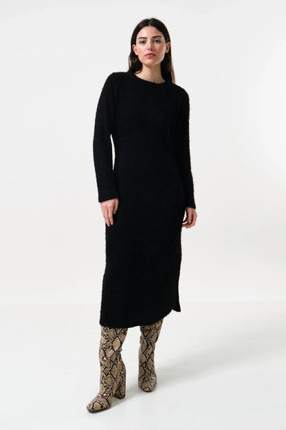 Guila Eyelash Rib Long Sleeve Midi Dress – Black - Bascora