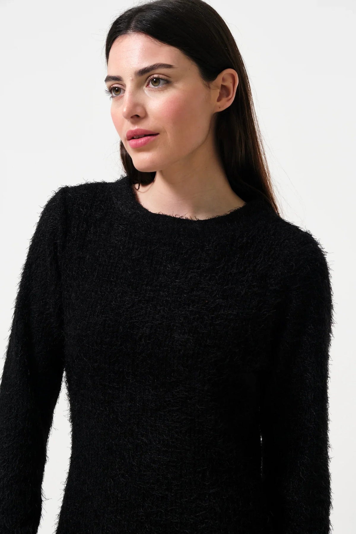 Guila Eyelash Rib Long Sleeve Midi Dress – Black - Bascora